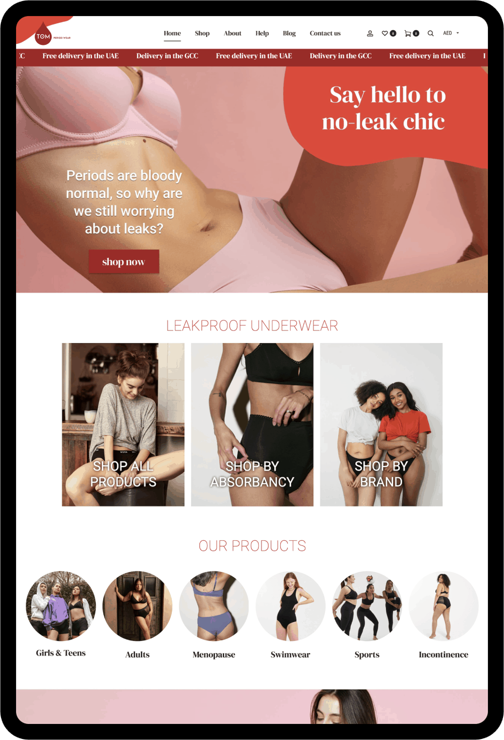 Shopify web design for growing business TOM Period Wear